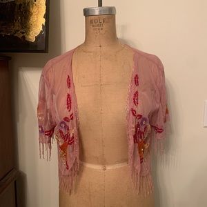 Vintage Beaded Mesh Pink Floral Shrug Cardigan